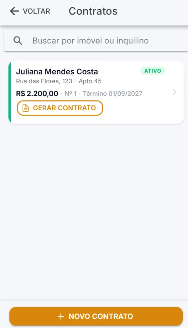Lista de contratos de locação no Aluguel Fácil, com inquilino, valor e data de término de cada contrato