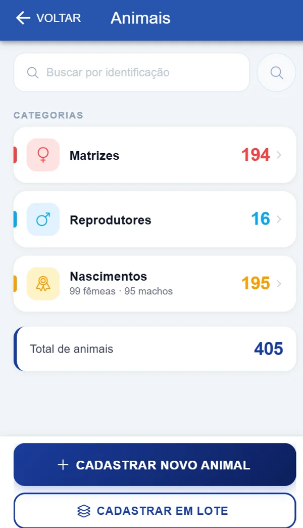 Categorias de animais no Rebanho Fácil: matrizes, reprodutores, nascimentos e total do rebanho