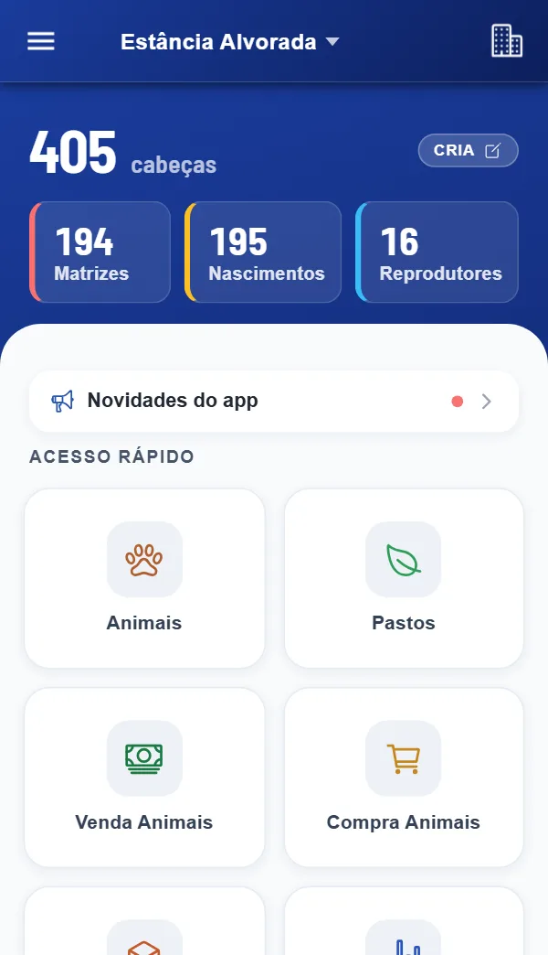 Tela inicial do Rebanho Fácil com o resumo do rebanho: total de animais, matrizes, nascimentos e reprodutores