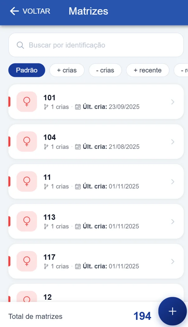 Tela de matrizes do Rebanho Fácil com as vacas reprodutoras da fazenda