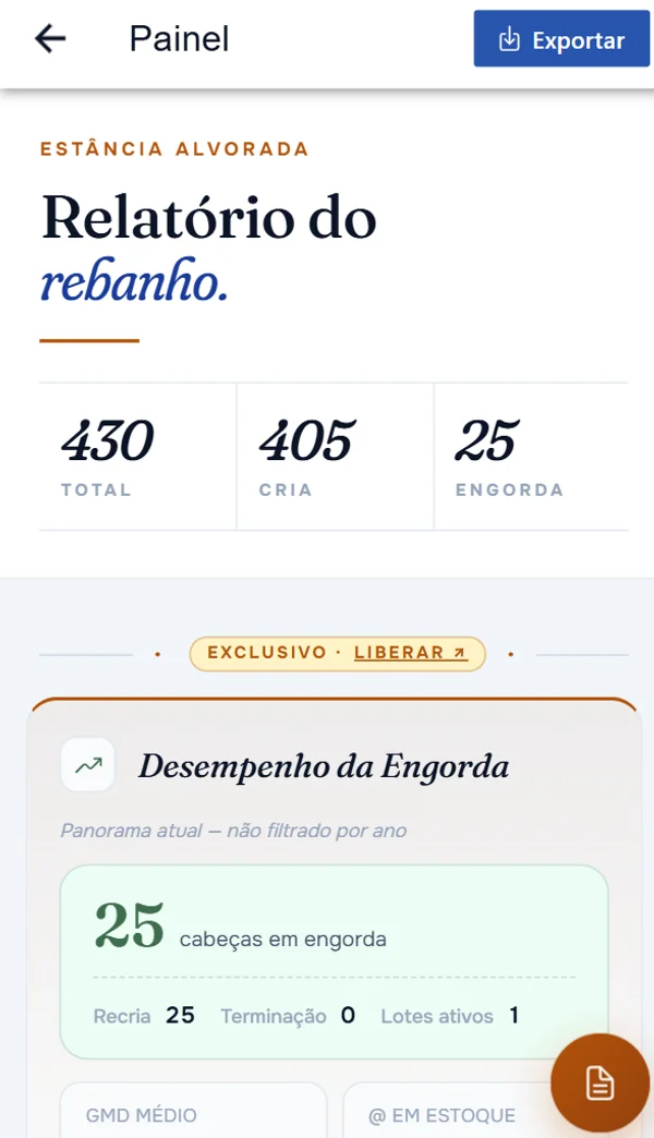 Painel de relatório do Rebanho Fácil com total do rebanho, animais em cria e em engorda