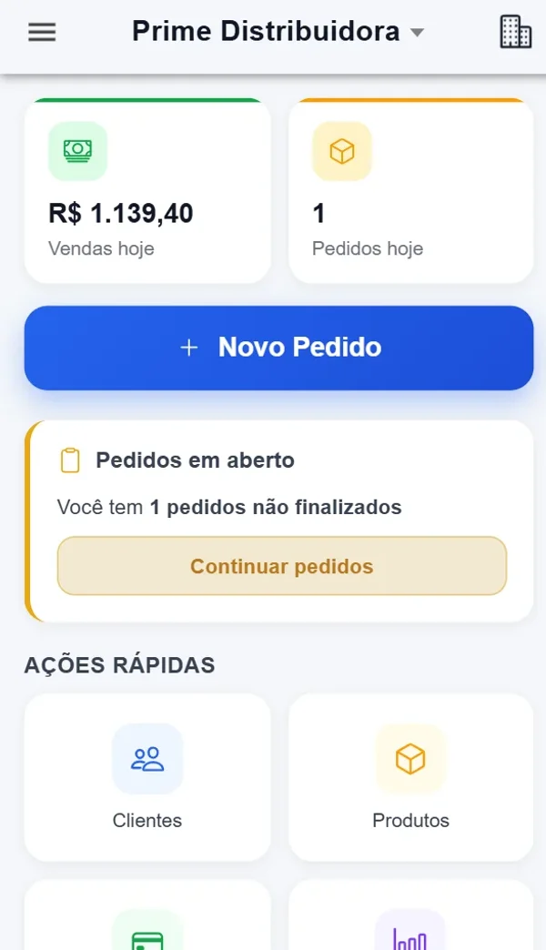 Tela inicial do Venda Fácil com vendas e pedidos do dia, botão de novo pedido e atalhos para clientes e produtos