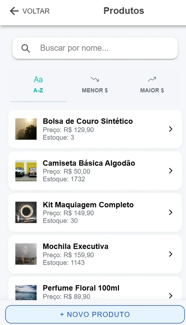 Catálogo de produtos do Venda Fácil com foto, preço e estoque de cada item
