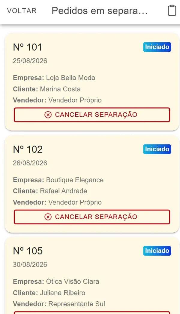 Pedidos em separação no Venda Fácil, com empresa, cliente e vendedor de cada pedido